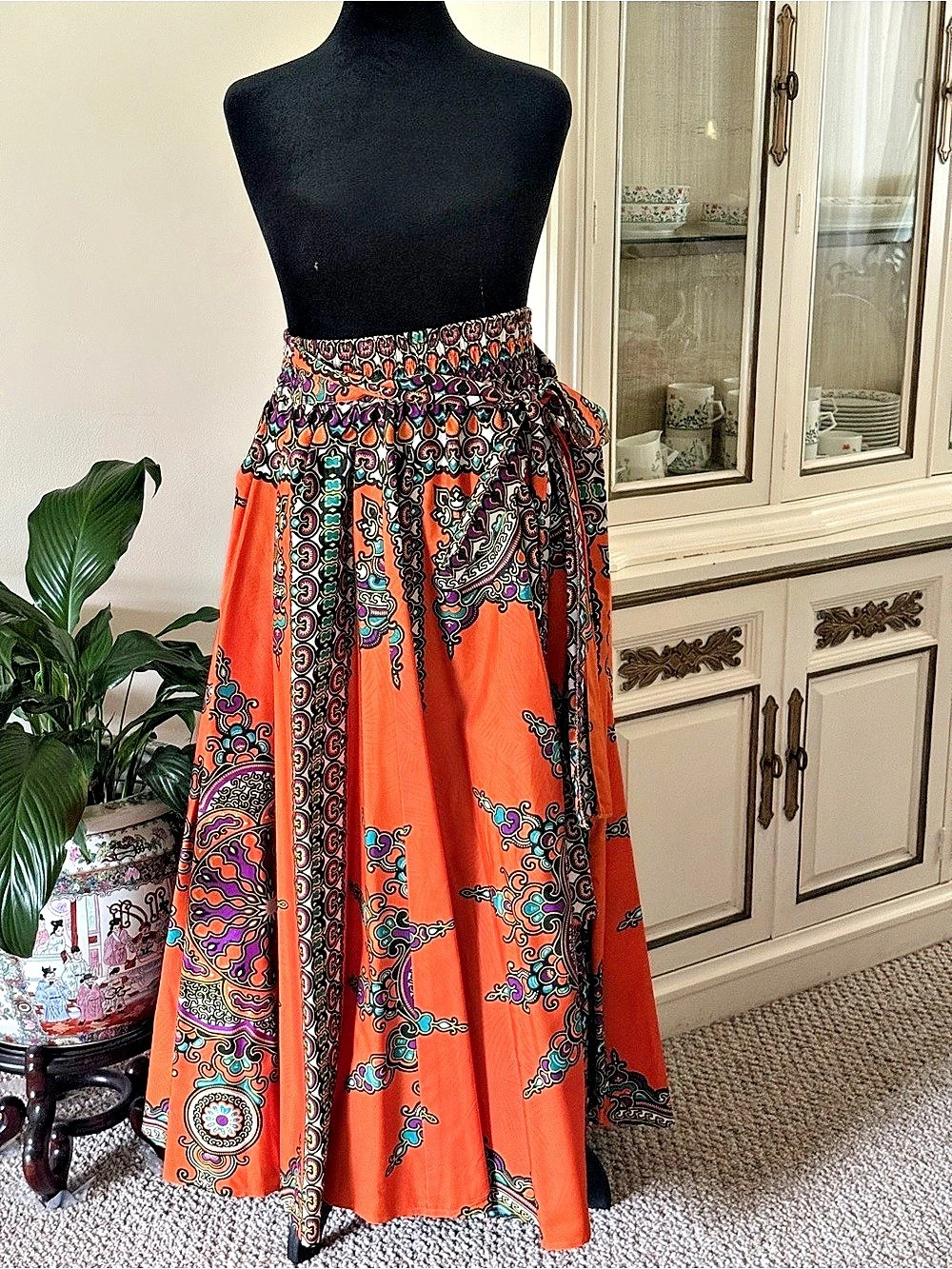 AJ Paisley Maxi Skirt in Orange & Black Like New